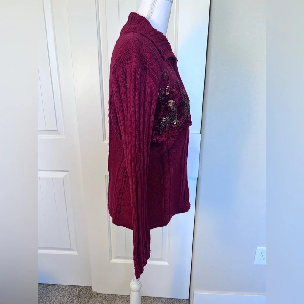 Vintage Storybook Knits Burgundy Sweater Sequin Deer Ribbon Zip up Sz Small - Picture 5 of 13